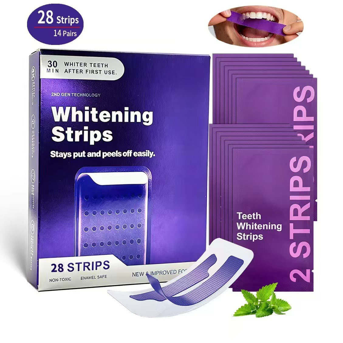 Cross-border V34 Purple Dental Strips Whitening Strips Whitening Strips for Yellowing and Whitening Cleaning Brightening
